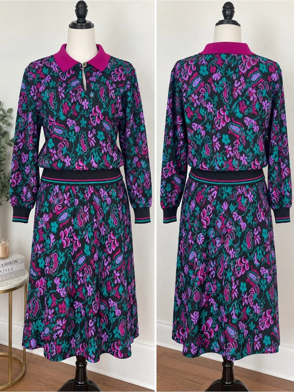 Vintage 80s Cricket Lane Floral Knit Skirt Set M S USA